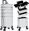 AROUS Rolling Makeup Train Case 4 in 1 Cosmetology Case on Wheels Large Storage Cosmetic Trolley with Key Salon Barber Case Traveling Cart Trunk, Silver