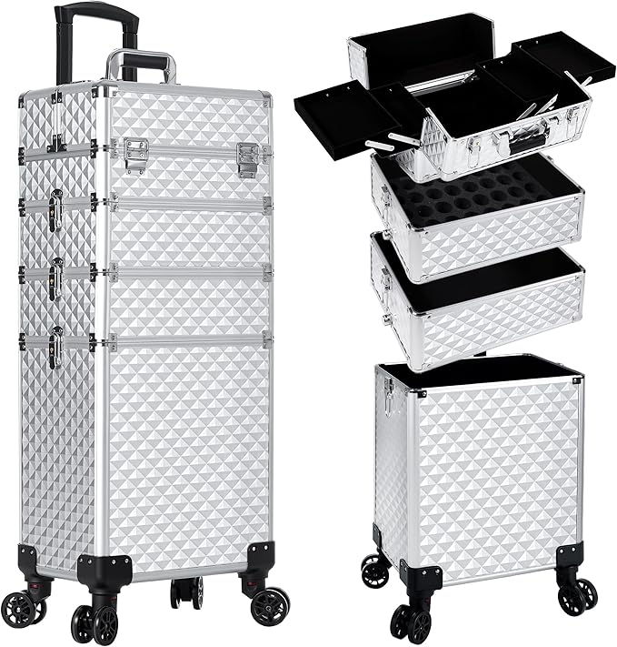AROUS Rolling Makeup Train Case 4 in 1 Cosmetology Case on Wheels Large Storage Cosmetic Trolley with Key Salon Barber Case Traveling Cart Trunk, Silver