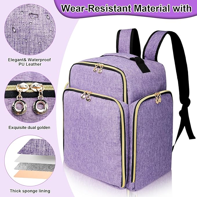 Nail Polish Organizer Backpack Holds 126 Bottles& Nail Lamp, Extra Large Nail Kit Supplies Organizer Bag with 3 Removable Cases, Portable Nail Organizers and Storage for Travel (Noble Purple)