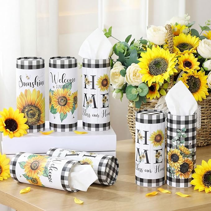 12 Pack Sunflower Tissue Boxes for Car Cylinder Bulk Black White Plaid Flower Round Cylinder Holder with 3 Ply Facial Tissues for Spring Summer Travel Bathroom Office Decoration