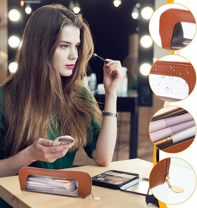 Lusofie Small Makeup Brushes Bag, PU Leather Clear Makeup Brush Bag, Portable Make-up Brush Pouch with Zipper, Multi-use Cosmetic Organizer Bags for Women(Brown)