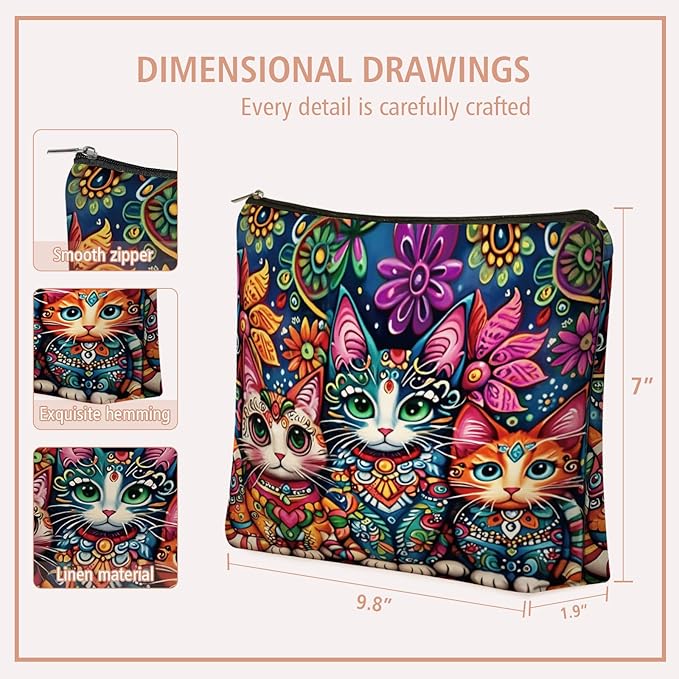 Bohemian Cat Mom Makeup Bag Easter Gift: Cute Boho Cats Themed Cosmetic & Toiletry Organizer Pouch For Daughters, Sisters, Friends,Teen Girls & Women.Ideal Gift For Travel, Birthdays.