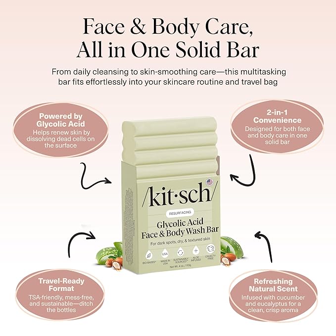 Kitsch Glycolic Acid Face & Body Wash Bar – Resurfacing Bar Soap with Shea Butter for Smoother, Brighter Skin – Gentle Soap & Body Wash Women & Men Love – Cucumber & Eucalyptus Scent Bath Soap - 4 oz