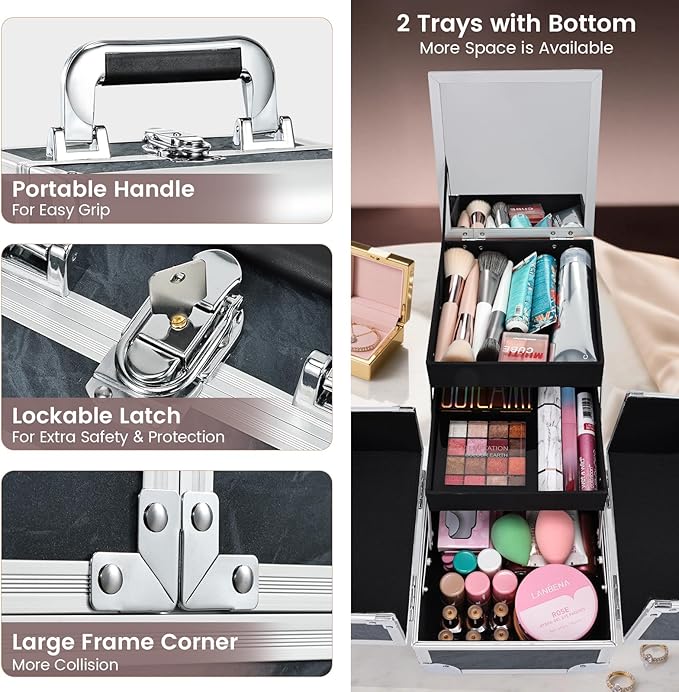Costravio Makeup Case Train Case Portable Makeup Box with Mirror Lock Box Travel Cosmetic Train Cases Hard Make Up Organizer for Girls Nail Craft Storage Vanity Misty Hills Black