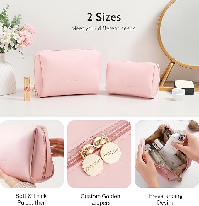 Aveniee Travel Makeup Bag Small, Vegan Leather Cosmetic Pouch for Purse, Wide-open Toiletry Organizer with Dividers & Zipper for Women-Pink