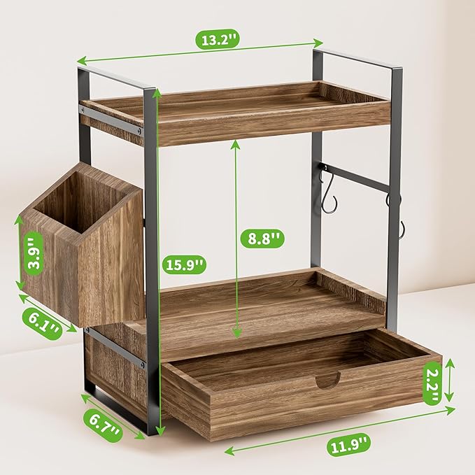 Kottwca Bathroom Counter Organizer with Drawer, 2-Tier Wood Countertop Organizer for Storage, Vanity Skincare Organizers, Bathroom Sink Shelf for Organization(Dark Brown)