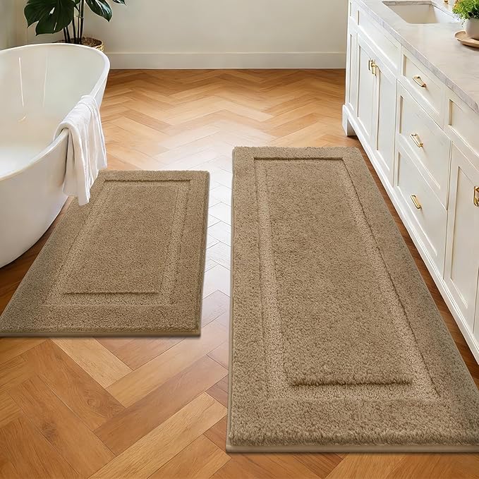 SHACOS Soft Fluffy Bathroom Runner Rugs Sets of 2 Pieces 47"x20"+ 32"x20" Non Slip Washable Bath Rugs Absorbent Bath Mats Bathroom Accessories Carpet for Floor Shower Tub, Khaki