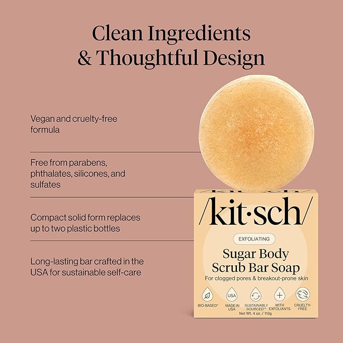 Kitsch Exfoliating Sugar Body Scrub Bar Soap – Polishing Soap Bar with Granules, Walnut Shell & Coconut Oil – Hydrating Exfoliating Body Scrub for Smooth, Glowing Skin Care – Made in the USA - 4 oz