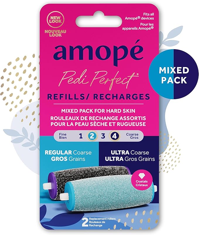 Amope Pedi Perfect Electric Callus Remover Foot File Roller Head Refills, with Diamond Crystals, Removes Hard & Dead Skin, Mixed Pack for Hard Skin, 1 Regular Coarse & 1 Ultra Coarse Refill – 2 Count
