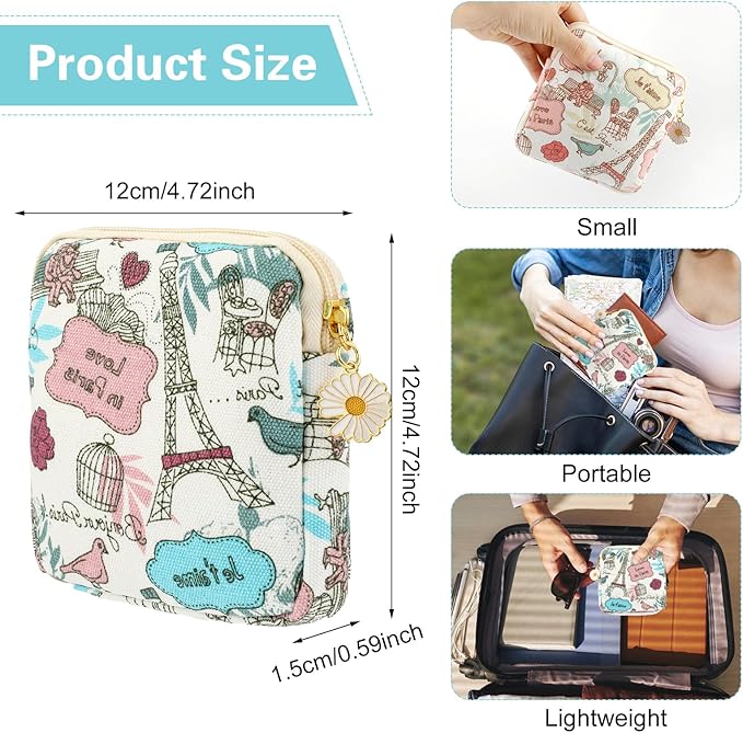 Amabro Sanitary Napkin Storage Bag, 2PCS Period Bags Cute Sanitary Pad Storage Pouch Tampon Pantyliners Menstrual Purse Daisy Zipper for Women Teen Girls School Travel Feminine Product(Tower)