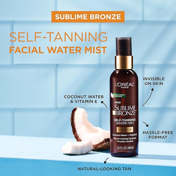 L'Oreal Paris Sublime Bronze Self Tanning Facial Mist, Water-Based Formula, Coconut Water & Vitamin E, 3 fl. Oz