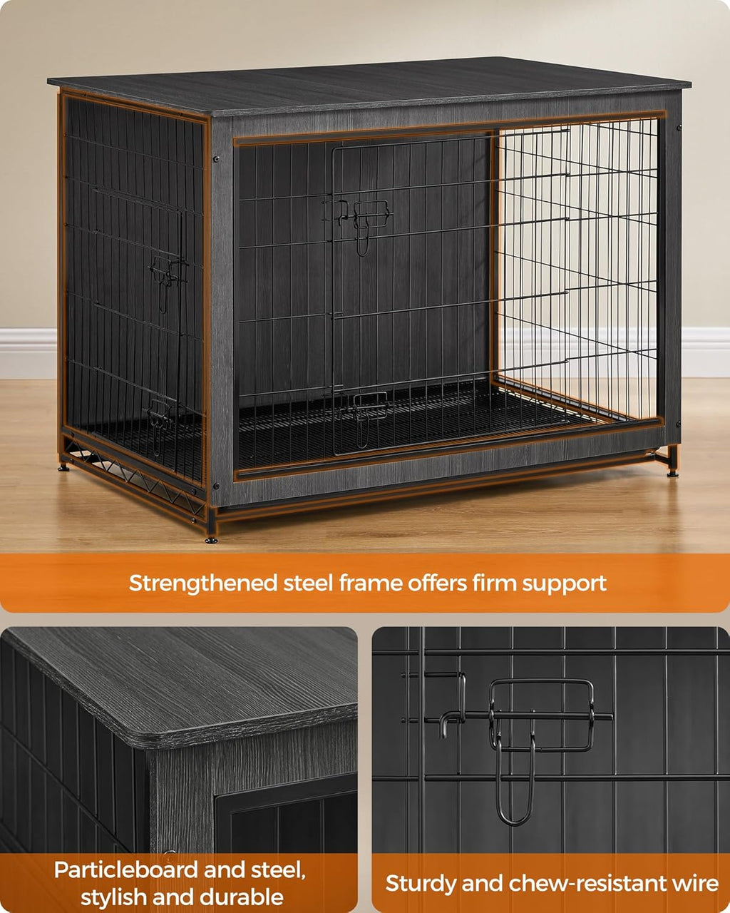 Feandrea Dog Crate Furniture, 44.1" Side End Table, Modern Kennel for Dogs Indoor up to 80 lb, Heavy-Duty Dog Cage with Multi-Purpose Removable Tray, Double-Door Dog House, Ink Black UPFC004B01