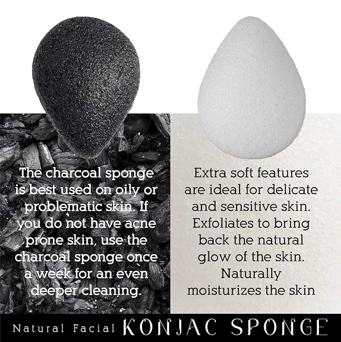 Pursonic Natural Konjac Bamboo Charcoal Facial Sponge for Gentle Face Cleansing and Exfoliation, Helps with Clogged Pores 100% Bio-Degradable,Vegan Products, 2- Pack
