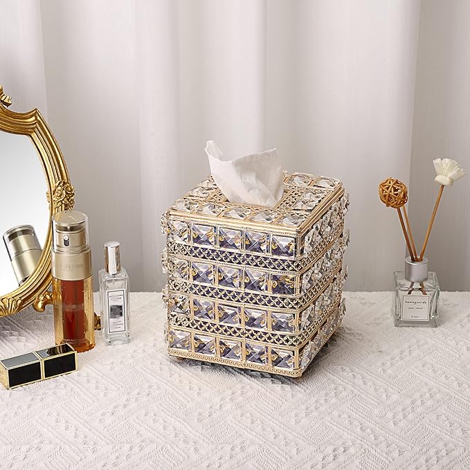 Sumnacon Crystal Square Tissue Box Cover - Sparkling Cube Glass Tissue Box Holder, Decorative Facial Tissue Holder for Bedroom Bathroom Dresser Night Stand Table Office Home Decor, Gold
