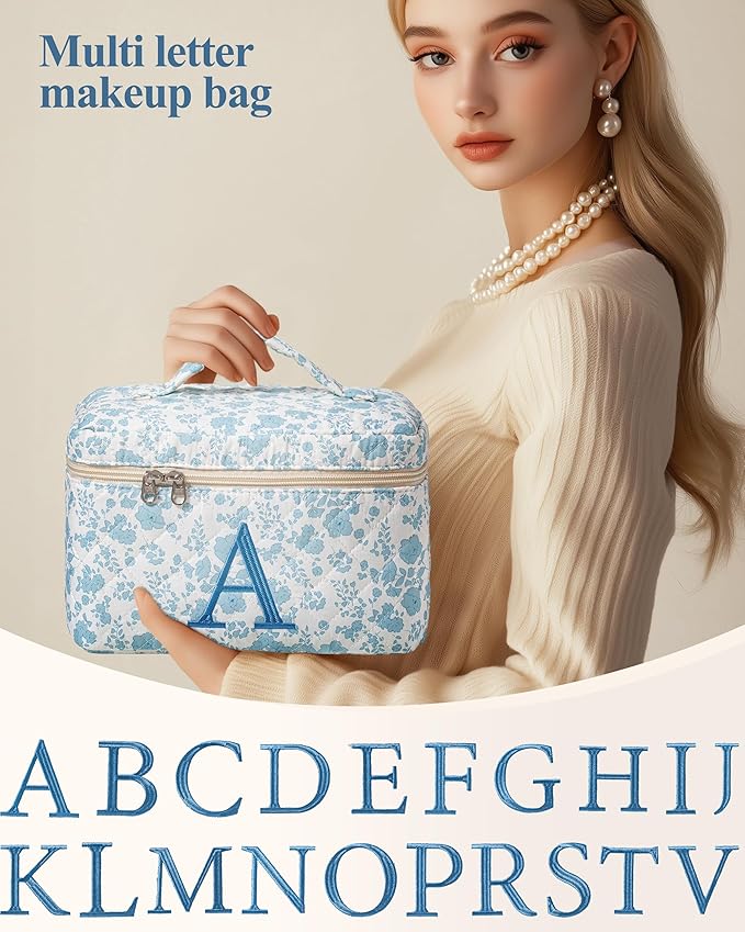 HBselect Initial Quilted Makeup Bag, Cotton Large Travel Makeup Bag, Cute Floral Coquette Make up Bag Cosmetic Bag Toiletry Bag for Women Girls N