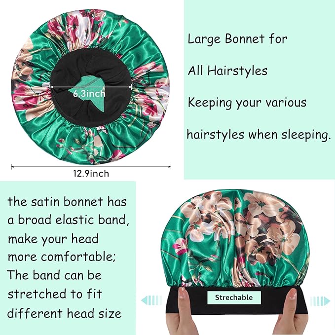 5 Pack Satin Bonnet Silk Bonnet for Sleeping Women, Hair Sleep Bonnets for Women, Wide Soft Band Large Sleep Cap for Curly Hair Braids
