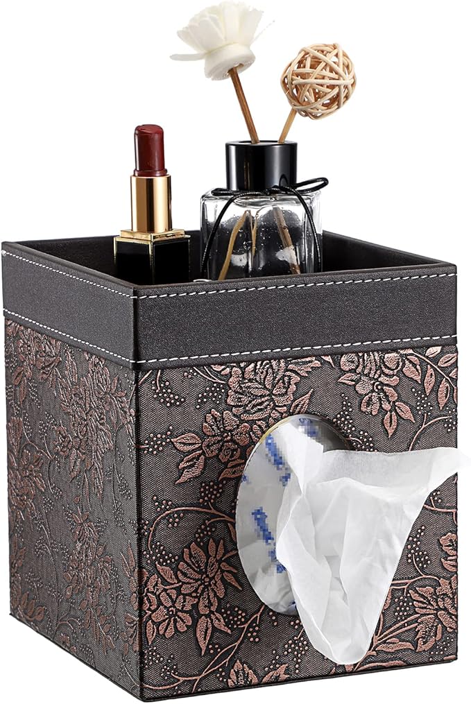 Sumnacon Leather Square Tissue Box Cover - Decorative Cube Tissue Box Holder with Tray, Stylish Facial Tissue Holder for Bathroom Vanity Dresser Table Home Office Bar, Brown Flower