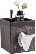 Sumnacon Leather Square Tissue Box Cover - Decorative Cube Tissue Box Holder with Tray, Stylish Facial Tissue Holder for Bathroom Vanity Dresser Table Home Office Bar, Brown Flower