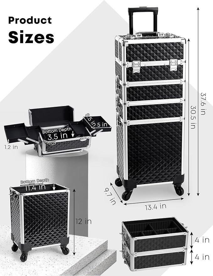 Adazzo 4 in 1 Rolling Makeup Case Cosmetic Train Case Trolley Roll Travel Box for Makeup Artist, Hairstylists, Nail Tech Makeup Cart with Key Swivel Wheels Barber Case Traveling Trunk Black