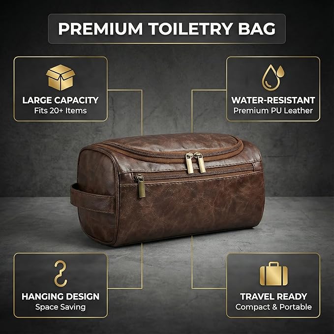Men’s Hanging Toiletry Bag, Large Capacity Travel Dopp Kit Organizer for Business Trip – Waterproof Shaving Bag Multi-Compartment Storage for Grooming Essentials, Bathroom & Gym (Coffee)