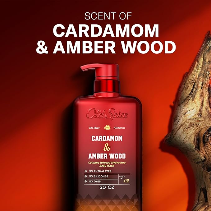 Old Spice Body Wash for Men, The Spice Alchemist Collection, 24/7 Cologne Infused Hydration, No Trade Off Formula, Free of Phthalates Silicones & Dyes, Cardamom + Amber Wood Scent, 20 oz