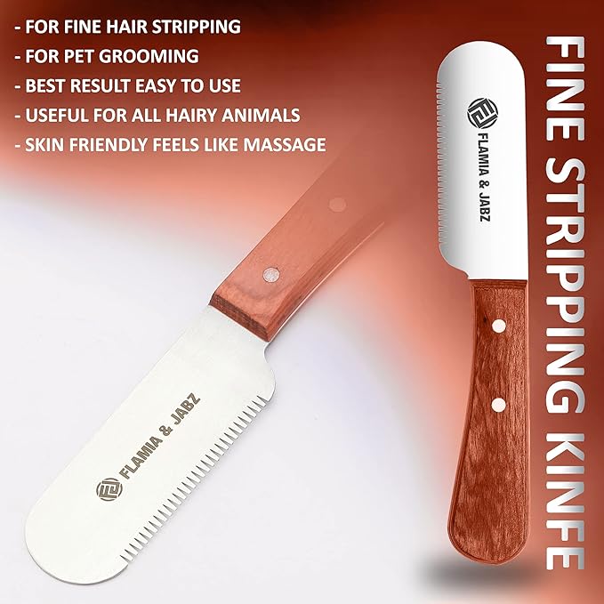FLAMIA & JABZ FJ Professional Stripping Knife kit (6 pieces set) for Dogs & Pets, Wooden Handle Grip with Stainless Steel Blade (Right handed) (Orange)