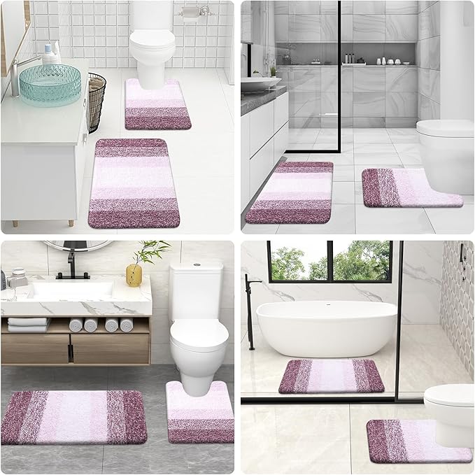 OLANLY Bathroom Rugs Sets 3 Piece, Soft Absorbent Microfiber Bath Mats and U-Shaped Contour Toilet Rug, Plush Shaggy Bath Mat Set for Bathroom (47"x20"+24"x16"+24"x20", Mauve)
