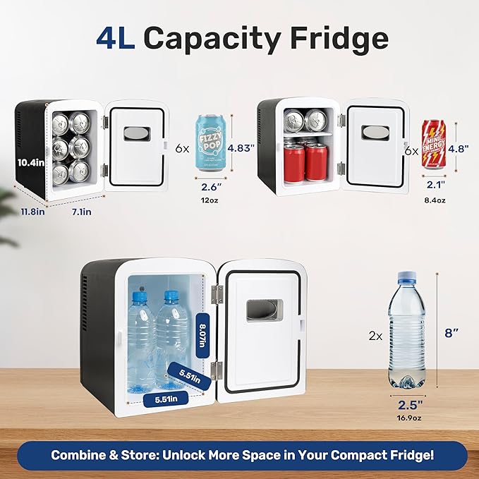 YSSOA 4L/6 Can Portable Mini Fridge with Observation Window, Compact Cooler & Warmer Freon-Free Small Refrigerator, for Skincare, Beverage, Food, Cosmetics, Black
