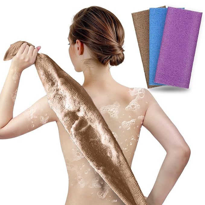 ARCH&M 3-Pack Premium Nylon Exfoliating Towel - 35-Inch Quick-Dry, Hygienic Japanese Washcloth for Body & Back - Durable, Machine Washable, Long-Lasting (Brown Purple Navy-Blue)