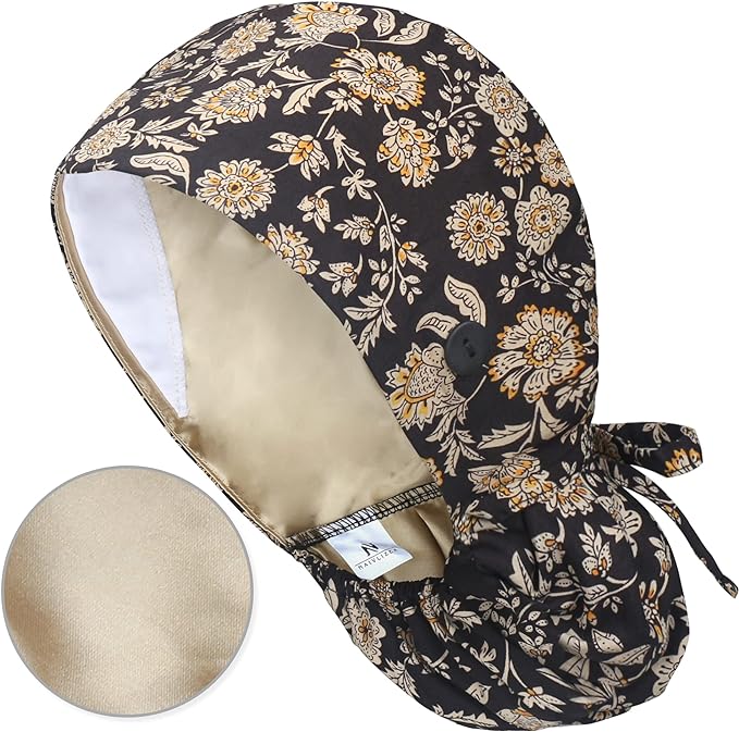 QBA Adjustable Working Cap with Button, Satin-Lined Hat, Cotton Working Hat Sweatband, Elastic Tie Back Hats Unisex