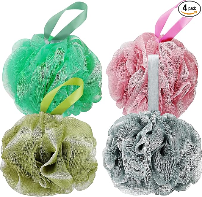 Bath Shower Loofah Sponge 60g Bath Mesh Pouf Shower Ball Body Scrubber Exfoliating Bath Sponge for Women and Men, Set of 4, Black (Loofah-Medium, Army Green)