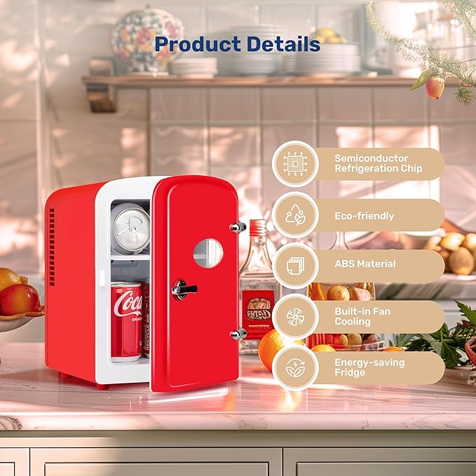 YSSOA Mini Fridge with Observation Window 4-Liter Six 12 oz Cans Portable Warmer & Cooler Compact Refrigerator, 100% Eco Friendly and Freon-Free, Red