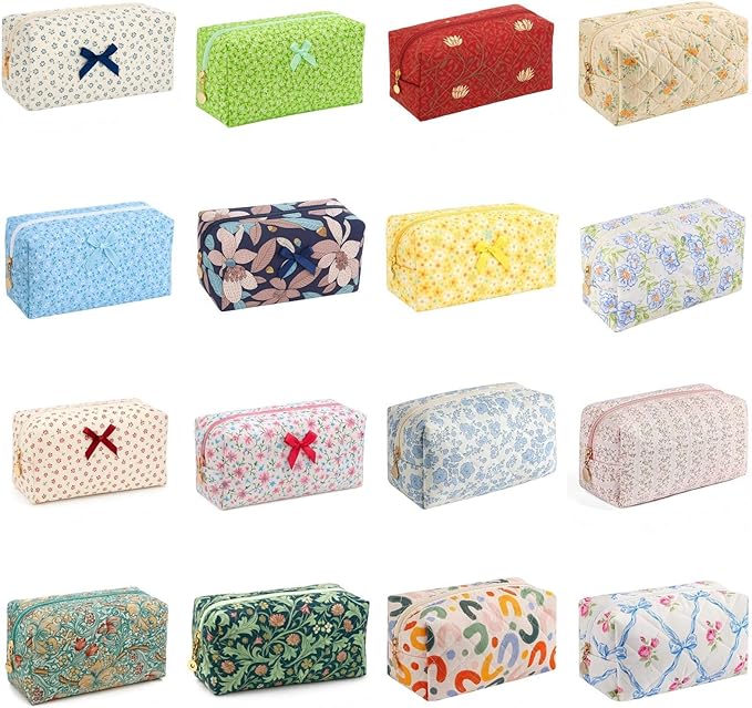 Floral Quilted Cotton Makeup Bag for Women, Large Capacity Travel Cosmetic Pouch with Zipper, Cute Toiletry & Brush Organizer, Kawaii Makeup Storage Case – Blue Bow