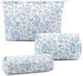 3 Pcs Makeup Bag Cosmetic Bag Set for Girls Women Checkered Travel Organizer Bathroom Toiletry Pouch Large Capacity Storage Bag(Blue Flower)