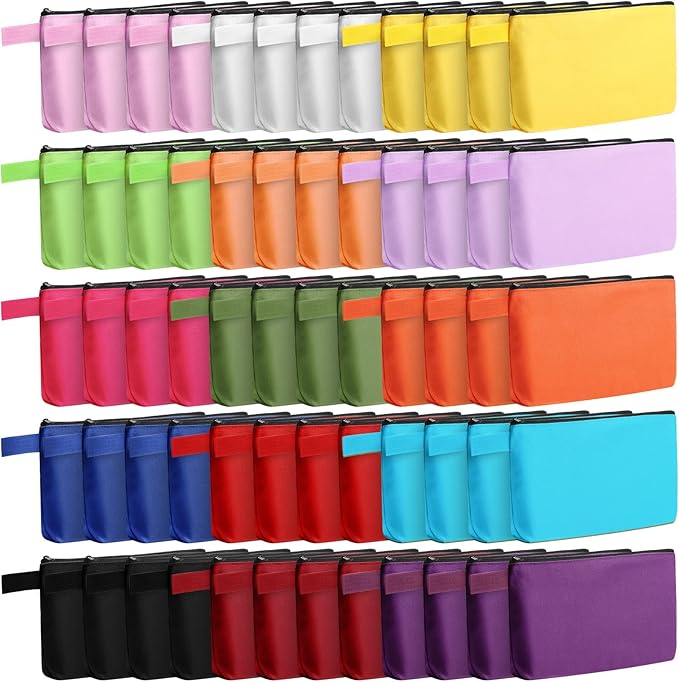 Reginary 60 Pcs Multicolor 60 Pieces Canvas Makeup Bags Bulk Portable Travel Cosmetic Pouch Multipurpose Blank Toiletry Bag with Zipper for Women DIY Craft (9.8 x 5 x 2 Inch)