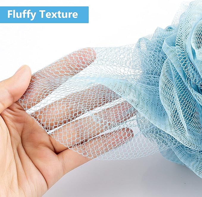 VANZAVANZU Bath Loofah Large 80g Shower Sponge Body Scrubber Mesh Pouf for Men and Women, Set of 4 (Turquoise + White)