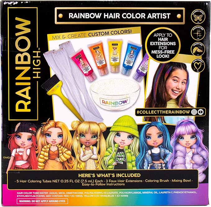 Rainbow High Rainbow Hair Stylist by Horizon Group USA, Includes 5 Vibrant Hair Coloring Gels, 3 Clip-in Extensions for Less-Mess, Mixing Bowl & Brush, Temporary Hair Coloring for Kids
