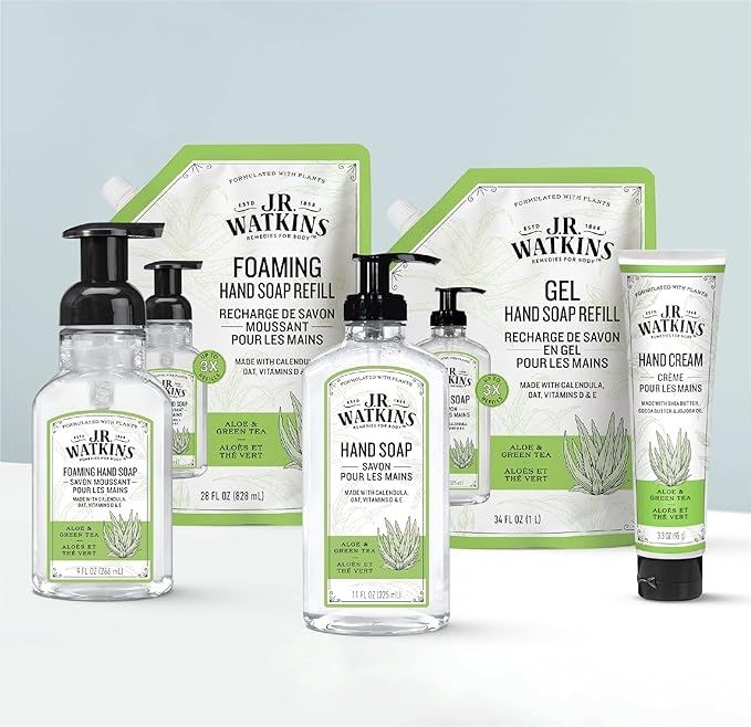 J.R. Watkins Foaming Hand Soap with Pump Dispenser, Moisturizing Foam Hand Wash, Alcohol-Free, Cruelty-Free, Aloe et The Vert/Aloe & Green Tea, 9 fl oz, 3 Pack