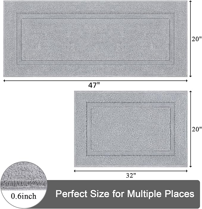 SHACOS Super Soft Bathroom Rugs Set of 2 Pieces with Bath Runner 20x32 + 20x47 inch Bath Mats Non Slip Plush Bath Rug Runner Absorbent Bathroom Carpet Machine Wash Dry, Light Grey