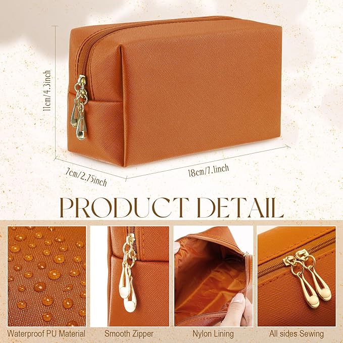 Kigeli 15 Pcs Aesthetic Makeup Bags PU Leather Cosmetic Pouches Waterproof Plain Toiletry Bags Makeup Pouches Bulk for Women Party Gift Travel Storage Organizer(Orange Brown)