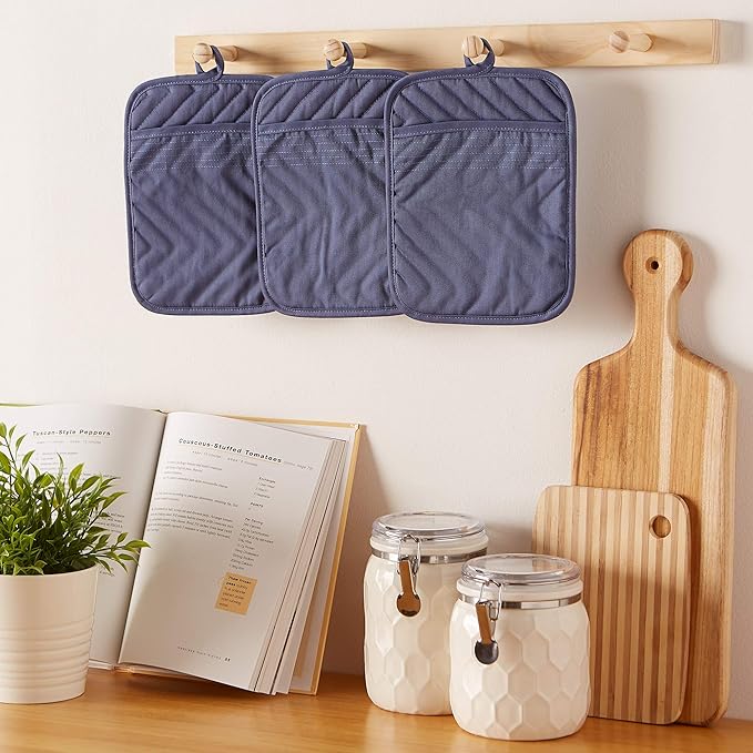DII Heat Resistant Quilted Cotton Pot Holder Set, Designed with Space to Personalize Allowing a Customized Design, 7x9, French Blue, 3 Count
