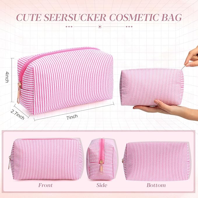 Sanwuta 6 Pcs Seersucker Cosmetic Bags Bulk Seersucker Makeup Bags Stripe Women Pouch Large Preppy Storage Pouch Toiletry Travel Organizer for Wedding Bridesmaid Bride Favor Mom Gift (Rainbow)