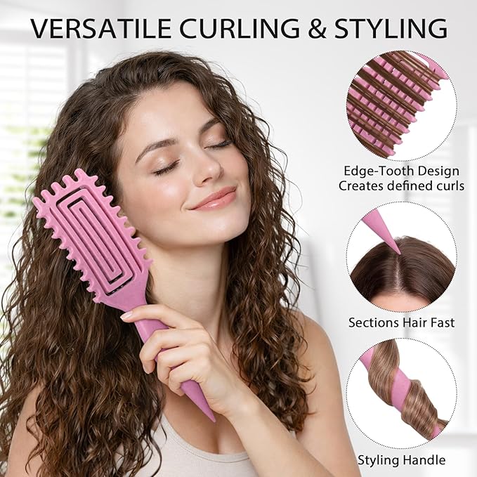 Curl Defining Brush, Curly Hair Brush with Vented Design for Detangling and Shaping, Wet & Dry Use, Reduces Pulling for Women and Men (Pink)