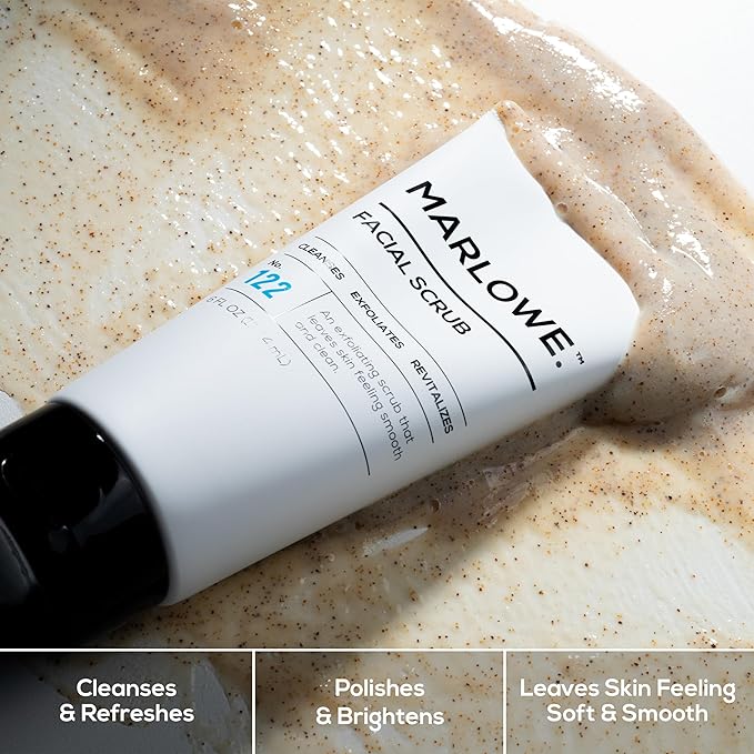 MARLOWE. No. 122 Facial Scrub for Men, 6 oz, Gentle Face Exfoliator with Apricot Seed Powder & Pumice, Cleanses & Smooths, Fresh Pine & Agarwood Scent