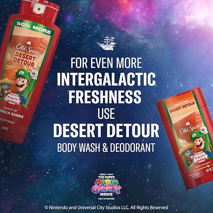 Old Spice Body & Face Wash for Men, x The Super Mario Galaxy Movie, 3X Defense, 24/7 Shower Fresh with Long Lasting Scent, Smell Super with Desert Detour, Vanilla Sands Scent, 24 oz