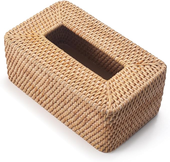 Rattan Tissue Box Cover, Rectangular Wicker Tissue Box Holder, Decorative Woven Facial Tissue Holder for Bathroom, Kitchen, Living Room, Bedroom (Natural)