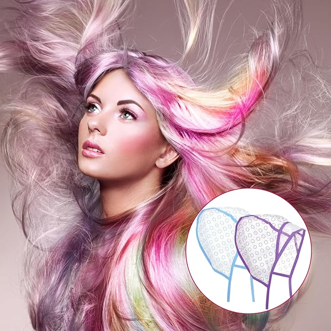 Bewudy 12 Pcs 4 Sets of Highlight Cap with Hooks, Hair Highlighting Caps, Highlight Hair Coloring Frosting Dye Kit for Salon Hair Dyeing Hairdressing (2 Purple + 2 Blue)