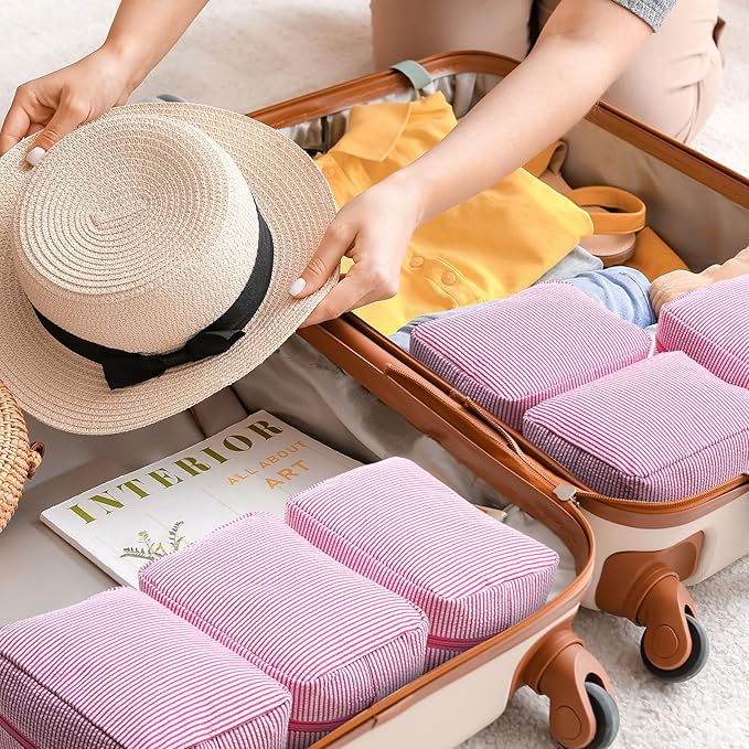 Sanwuta 9 Pcs Seersucker Cosmetic Bag Bulk Pinstripe Makeup Bag for Women Aesthetic Cute Travel Toiletry Organizer Preppy Storage Pouch for Wedding Bridesmaid Christmas Gift (Large, Pink)