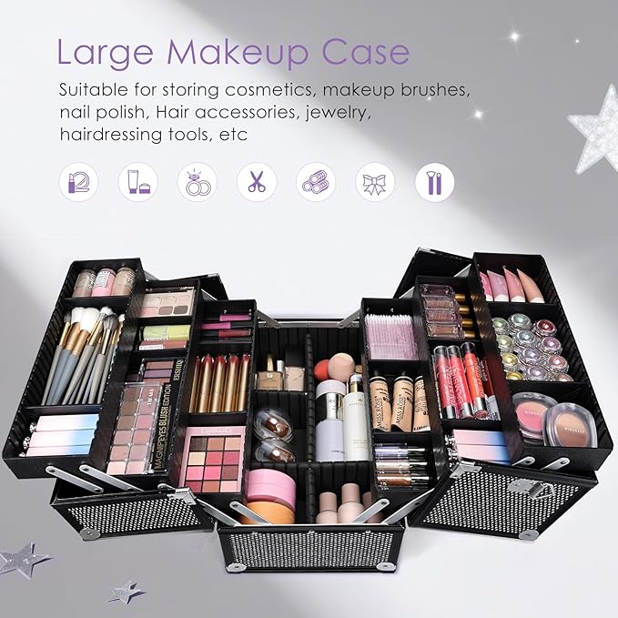 Joligrace Makeup Train Case Large 6 Tray Professional Organizer Box - Cosmetic Make Up Carrier with Lock & Key Carrying Strap for Studio Artist & Stylist Black Rhinestone