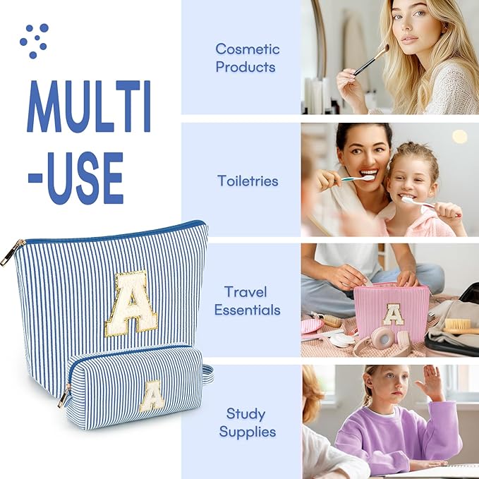 2 PCS Initial Makeup Bags for Women: Cosmetic Bag for Travel Toiletry - Birthday Gifts for 11 12 13 14 15 16 17 18 Years Old Girl Graduation Teacher Gift- Teen Girl Gifts Trendy Stuff - Blue N